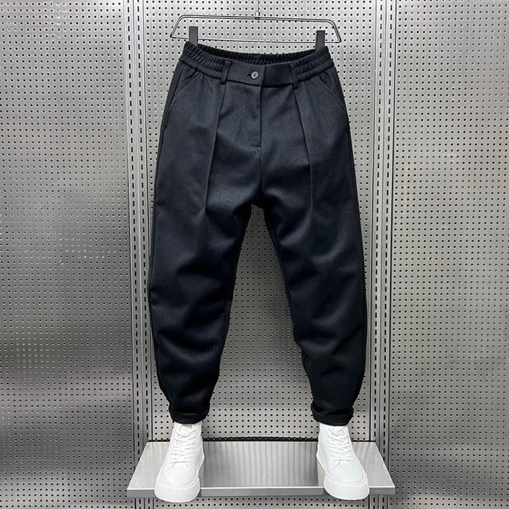 Men's Centre-Pleat Tapered Trousers with Elasticated Back Waist and Cuffed Hems - Alfred - Black