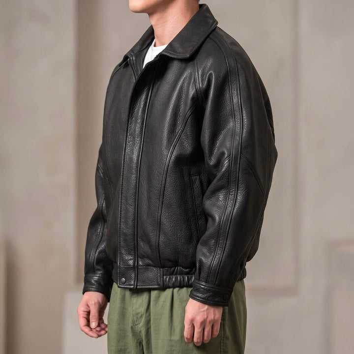 Men's Zip-Up Collared Jacket with Ribbed Hem - Nathaniel - Black