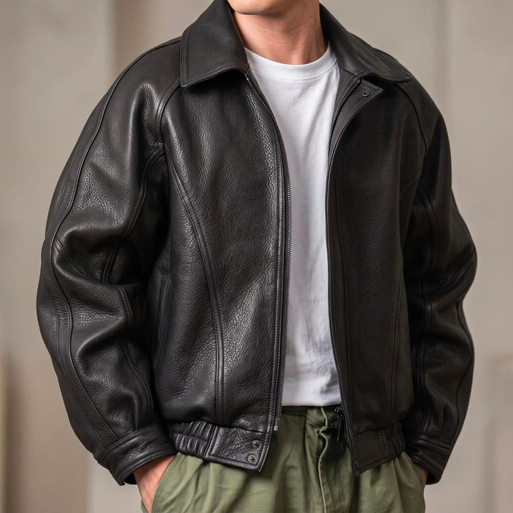 Men's Zip-Up Collared Jacket with Ribbed Hem - Nathaniel - Black