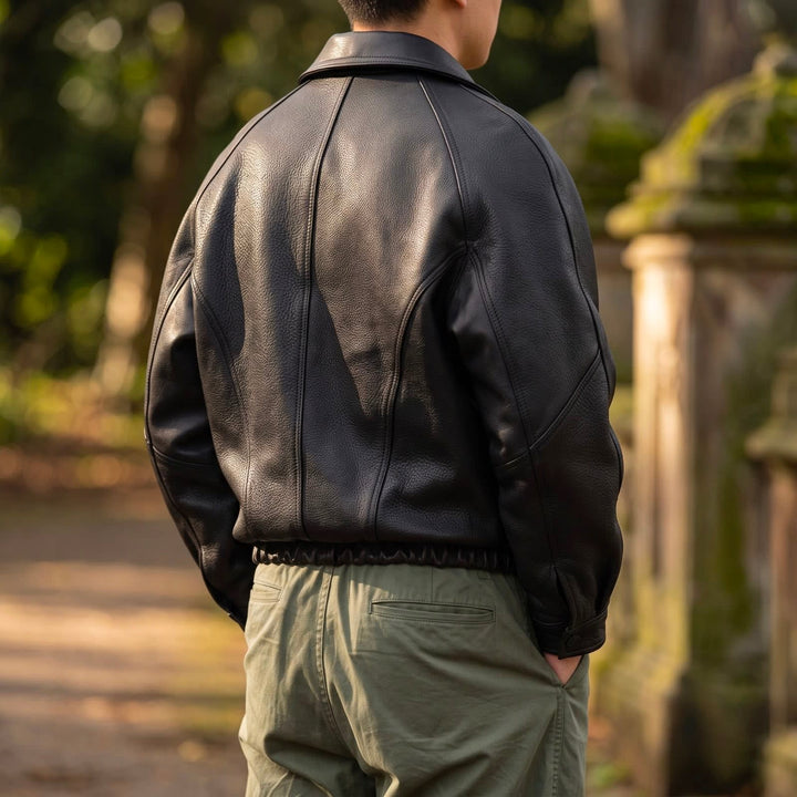 Men's Zip-Up Collared Jacket with Ribbed Hem - Nathaniel - Black