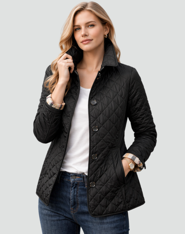 Women's Diamond Quilted Button-Front Jacket with Collar - Eleanora - Black