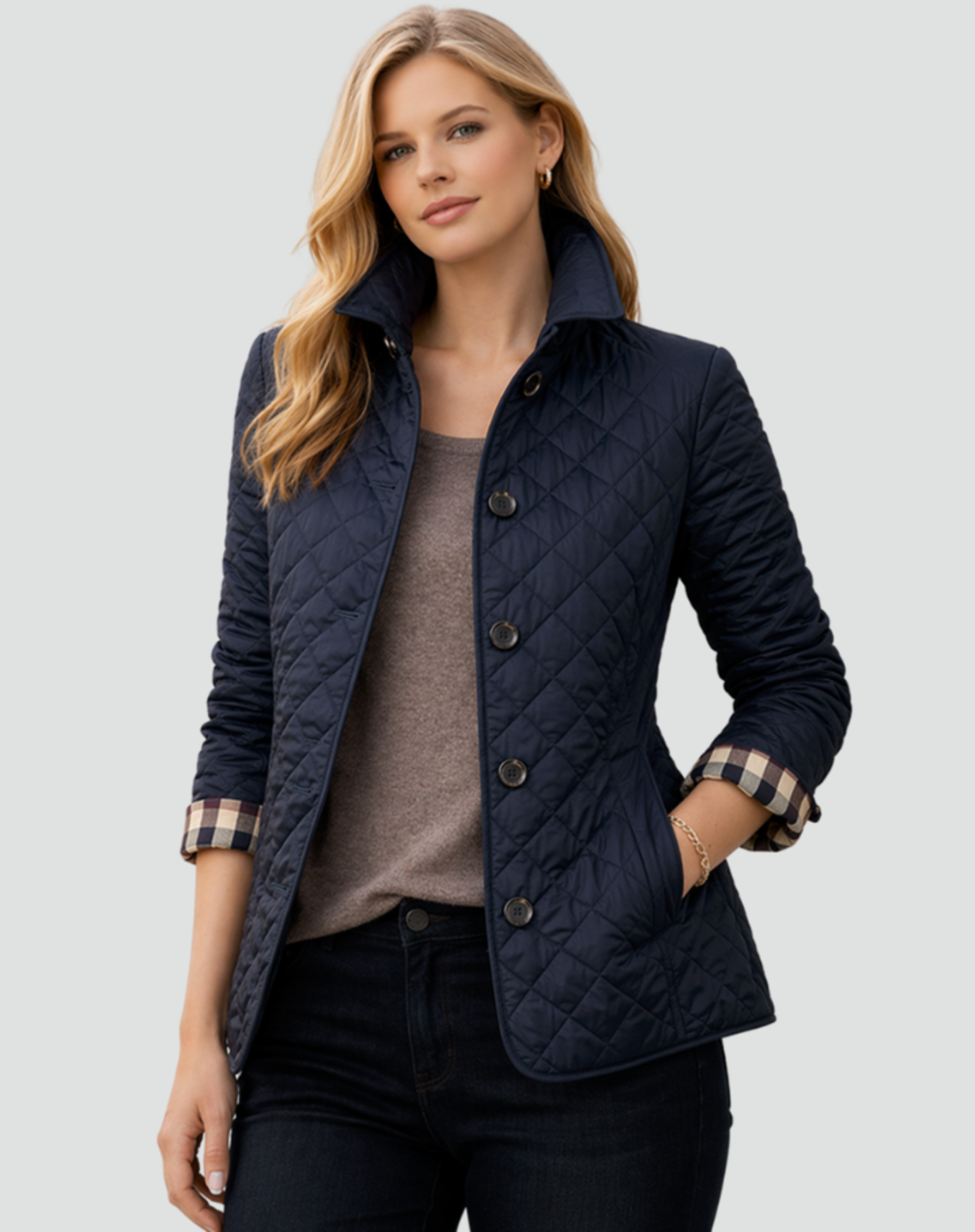 Women's Diamond Quilted Button-Front Jacket with Collar - Eleanora - Navy