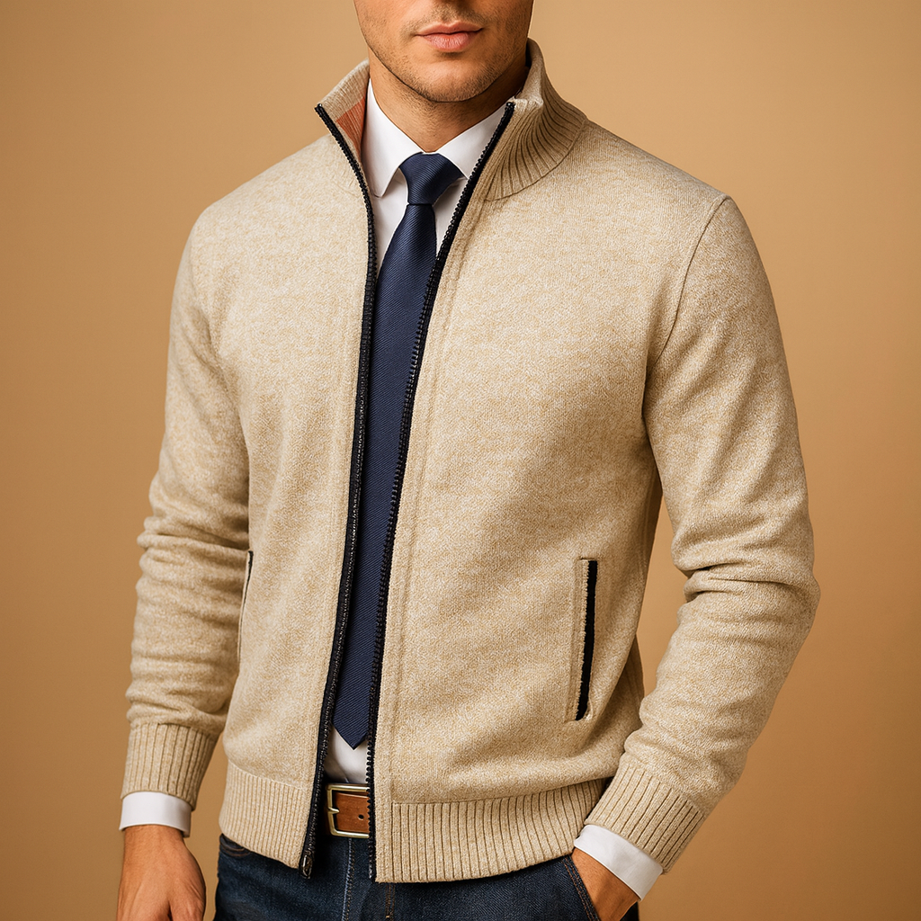 Men's Zip-Up Knit Cardigan with Stand Collar and Zip Pockets - Ignatius - Beige