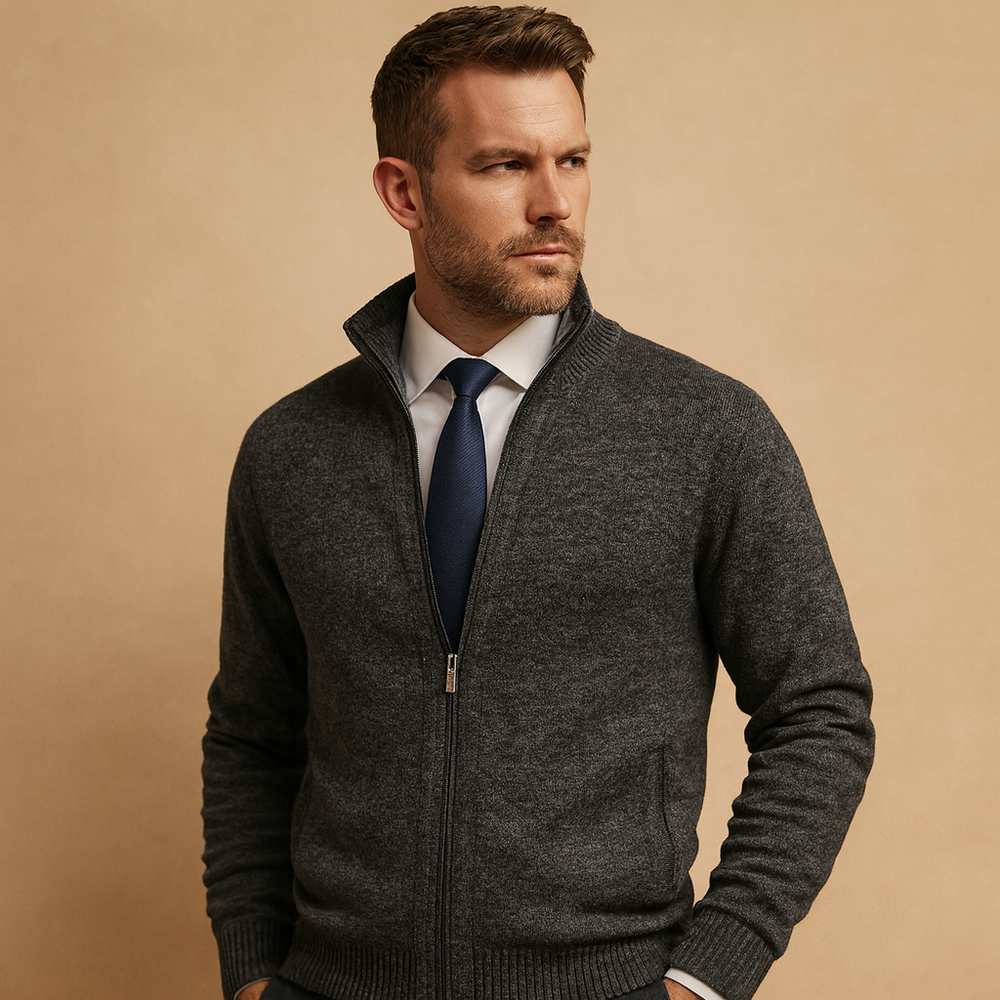 Men's Zip-Up Knit Cardigan with Stand Collar and Zip Pockets - Ignatius - Charcoal