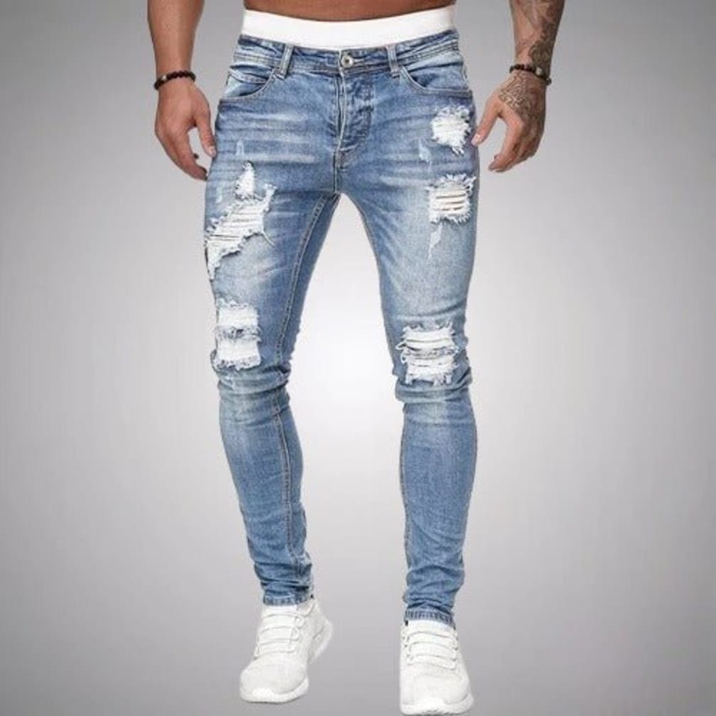 Men's Slim Fit Distressed Denim Jeans - Roderick - Light Blue