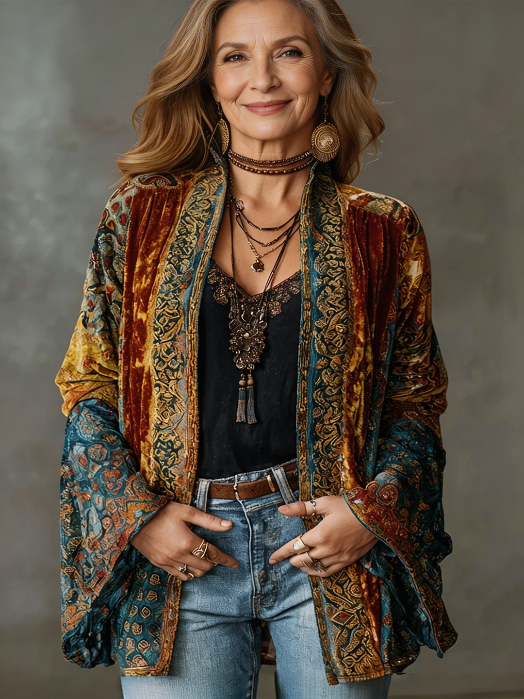 Women's Open-Front Bohemian Cardigan with Wide Bell Sleeves and Patterned Trim - Jocasta - Rust Patchwork