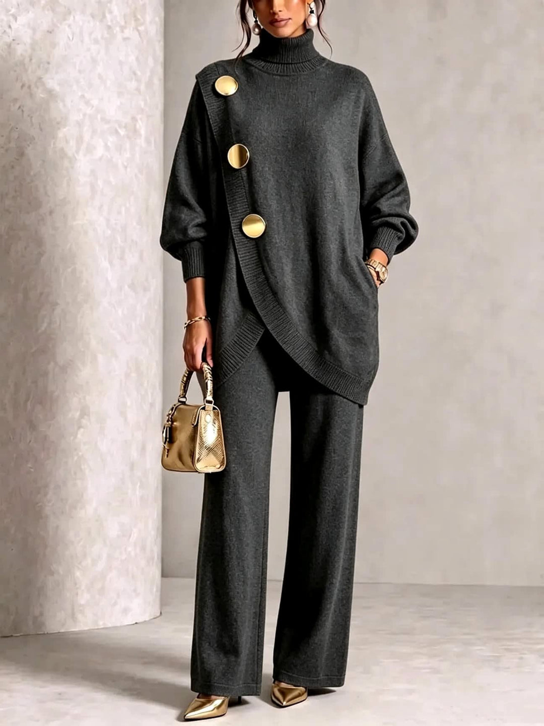 Women's Asymmetric Roll-Neck Knit Top with Gold Buttons and Matching Wide Trousers - Winifred - Charcoal