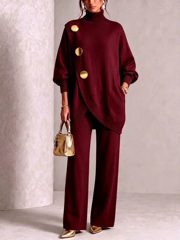Women's Asymmetric Roll-Neck Knit Top with Gold Buttons and Matching Wide Trousers - Winifred - Burgundy