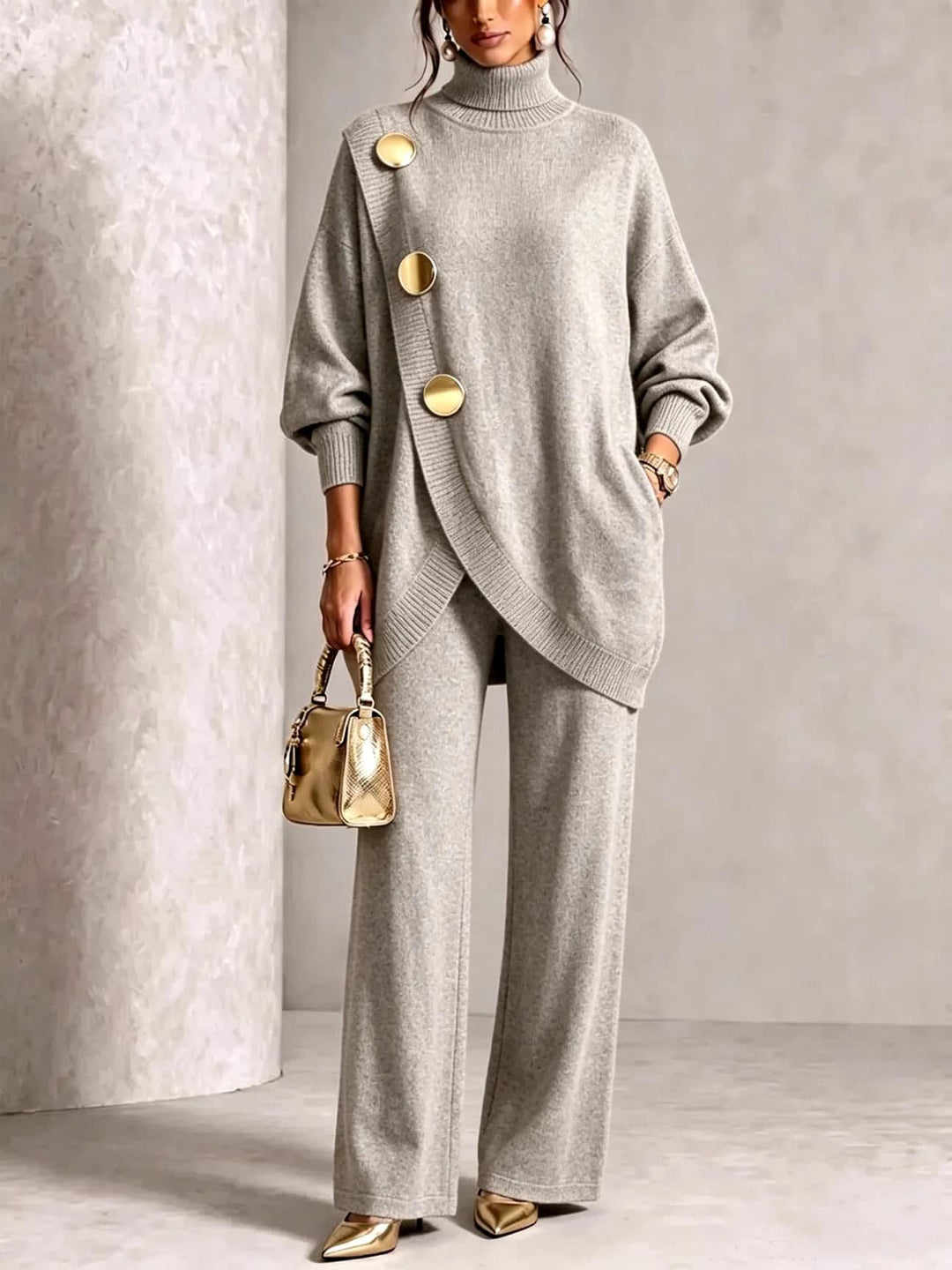 Women's Asymmetric Roll-Neck Knit Top with Gold Buttons and Matching Wide Trousers - Winifred - Light Grey