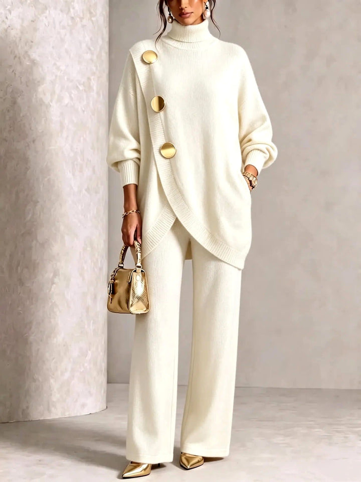 Women's Asymmetric Roll-Neck Knit Top with Gold Buttons and Matching Wide Trousers - Winifred - Cream