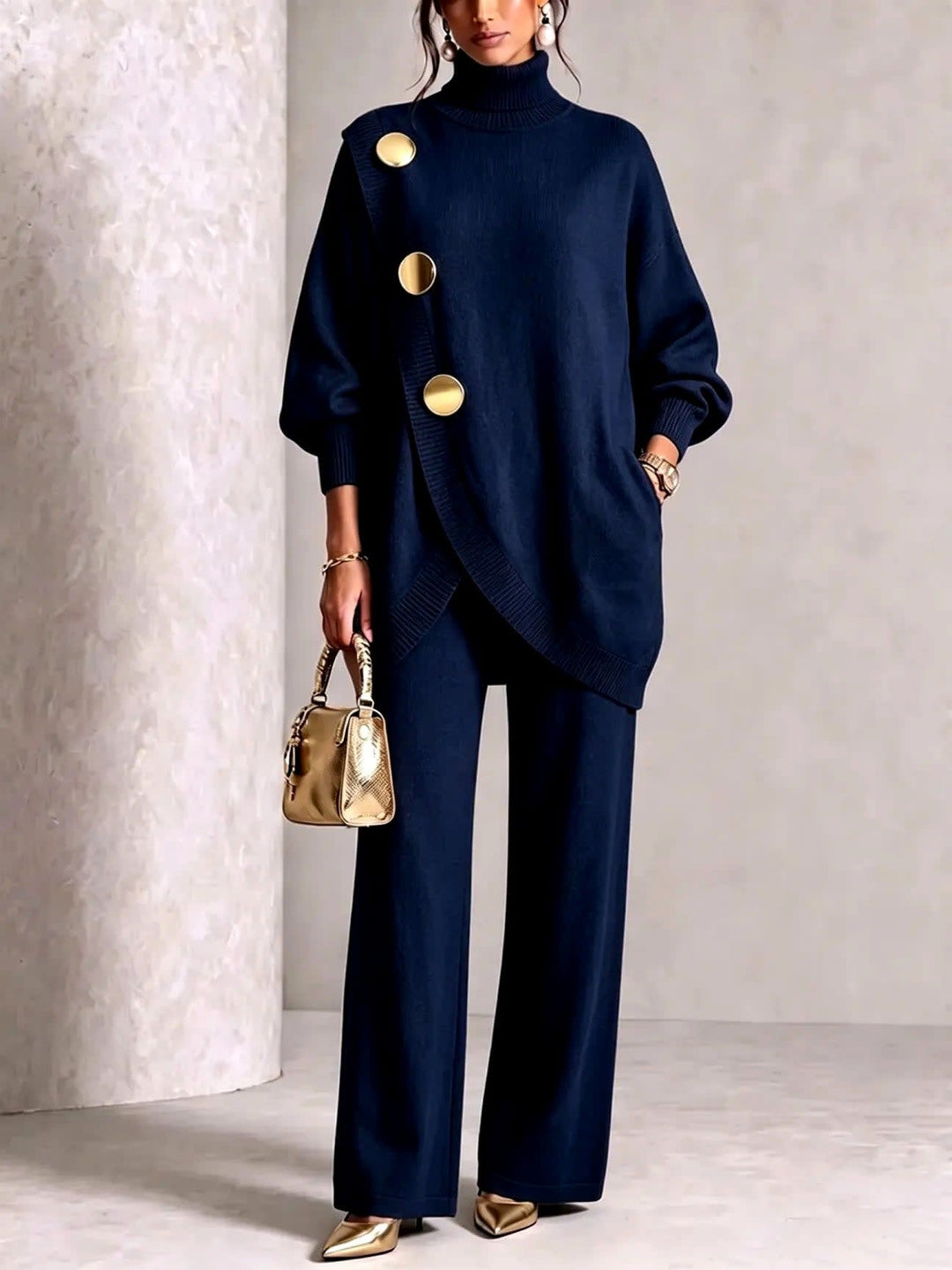 Women's Asymmetric Roll-Neck Knit Top with Gold Buttons and Matching Wide Trousers - Winifred - Navy Blue