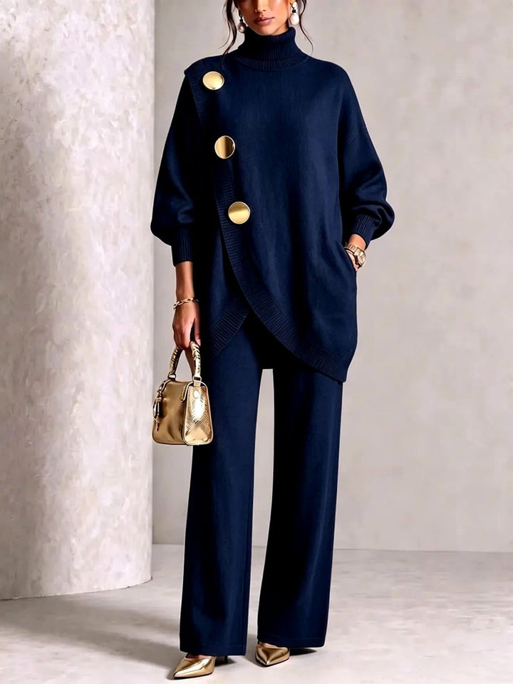 Women's Asymmetric Roll-Neck Knit Top with Gold Buttons and Matching Wide Trousers - Winifred - Navy Blue