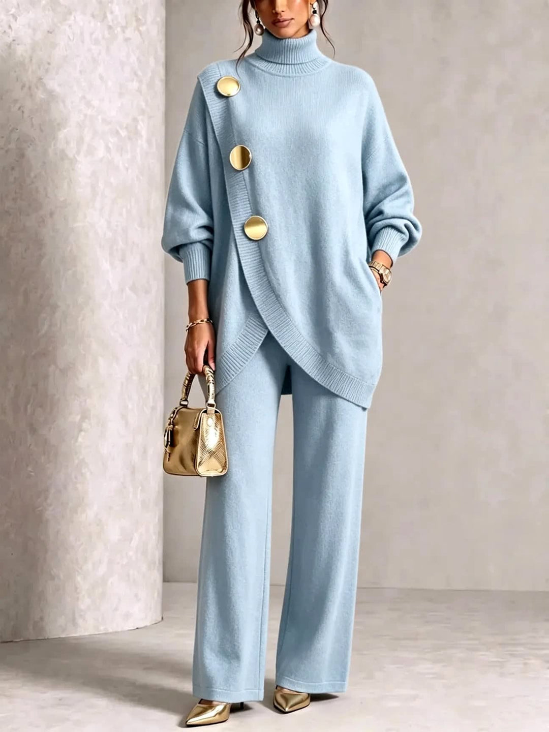 Women's Asymmetric Roll-Neck Knit Top with Gold Buttons and Matching Wide Trousers - Winifred - Sky Blue