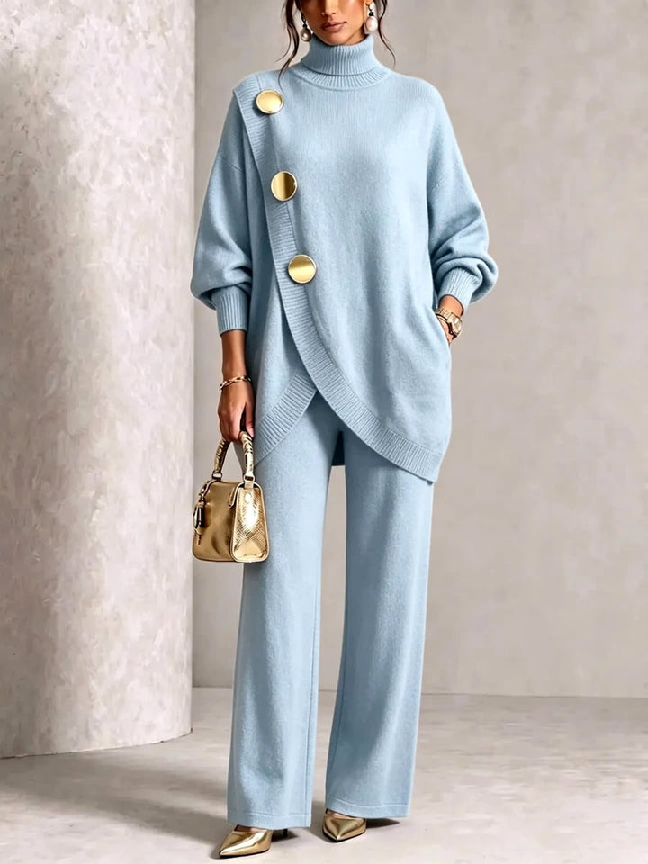 Women's Asymmetric Roll-Neck Knit Top with Gold Buttons and Matching Wide Trousers - Winifred - Sky Blue