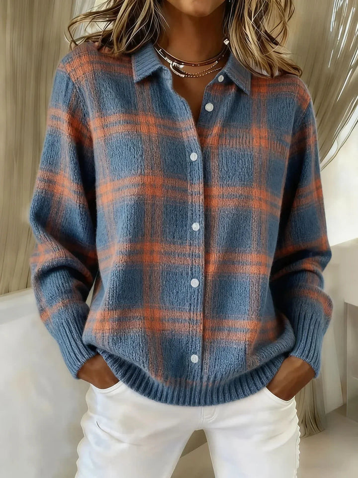 Women's Oversized Button-Up Check Cardigan with Collar and Ribbed Cuffs - Cosette - Blue & Orange