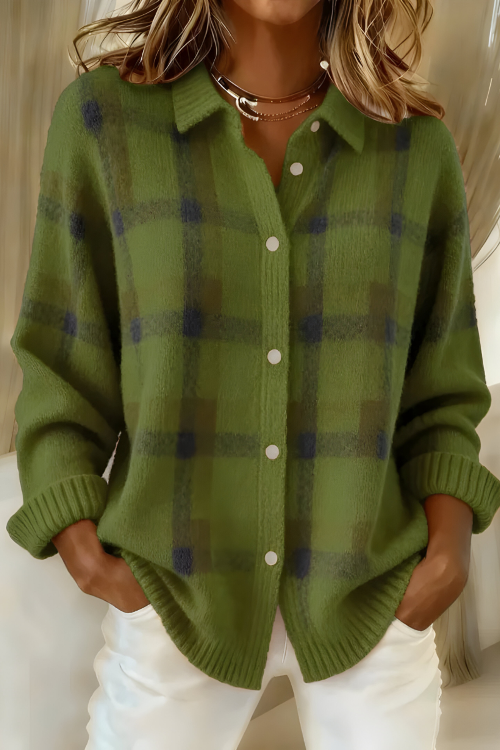 Women's Oversized Button-Up Check Cardigan with Collar and Ribbed Cuffs - Cosette - Olive Green