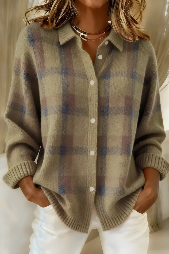 Women's Oversized Button-Up Check Cardigan with Collar and Ribbed Cuffs - Cosette - Khaki