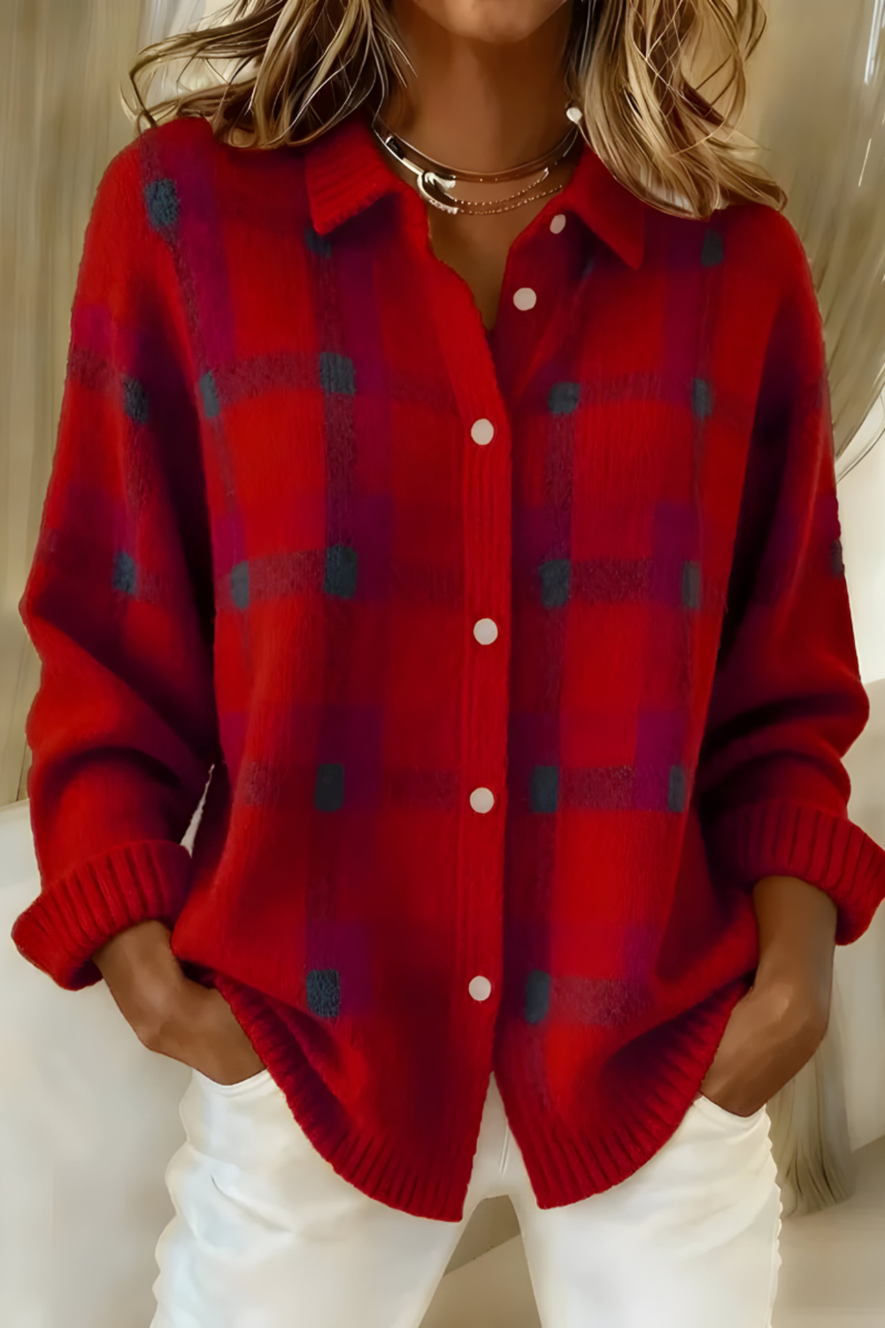Women's Oversized Button-Up Check Cardigan with Collar and Ribbed Cuffs - Cosette - Red