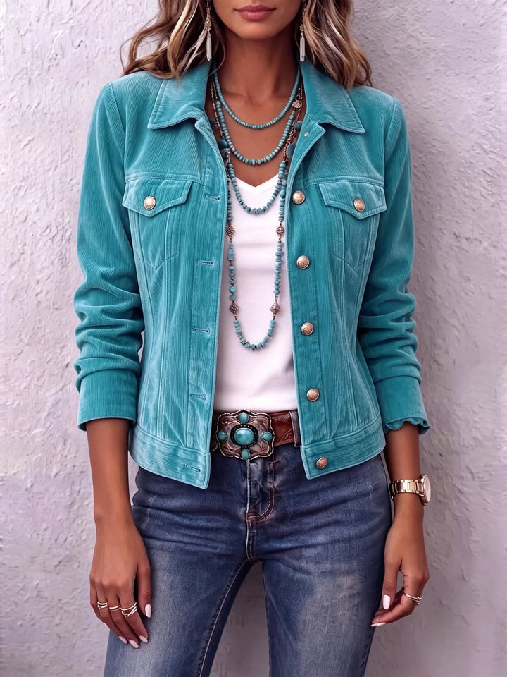 Women's Trucker-Style Jacket with Chest Flap Pockets and Gold-Tone Buttons - Marlene - Dusty Rose