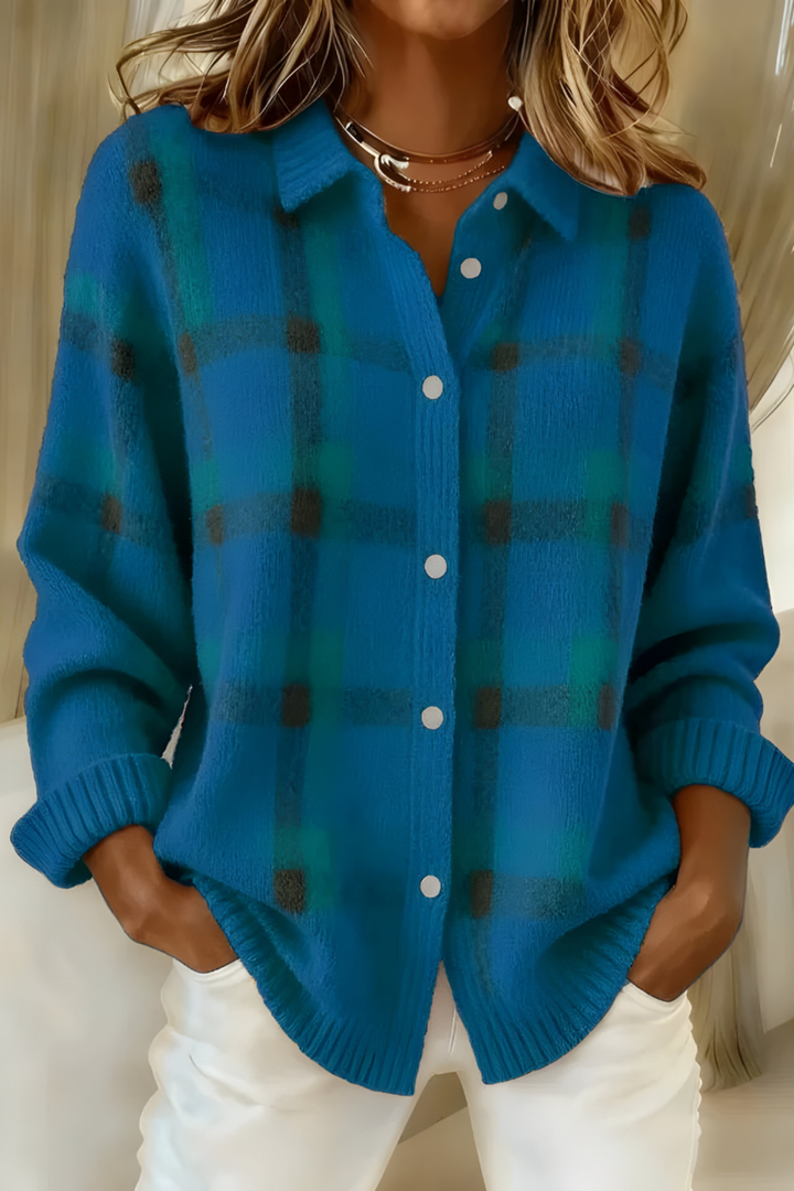 Women's Oversized Button-Up Check Cardigan with Collar and Ribbed Cuffs - Cosette - Teal Blue