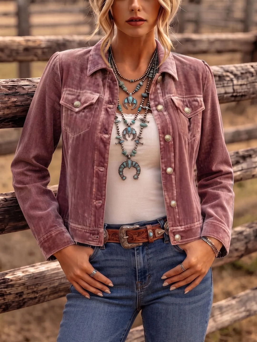 Women's Trucker-Style Jacket with Chest Flap Pockets and Gold-Tone Buttons - Marlene - Dusty Rose