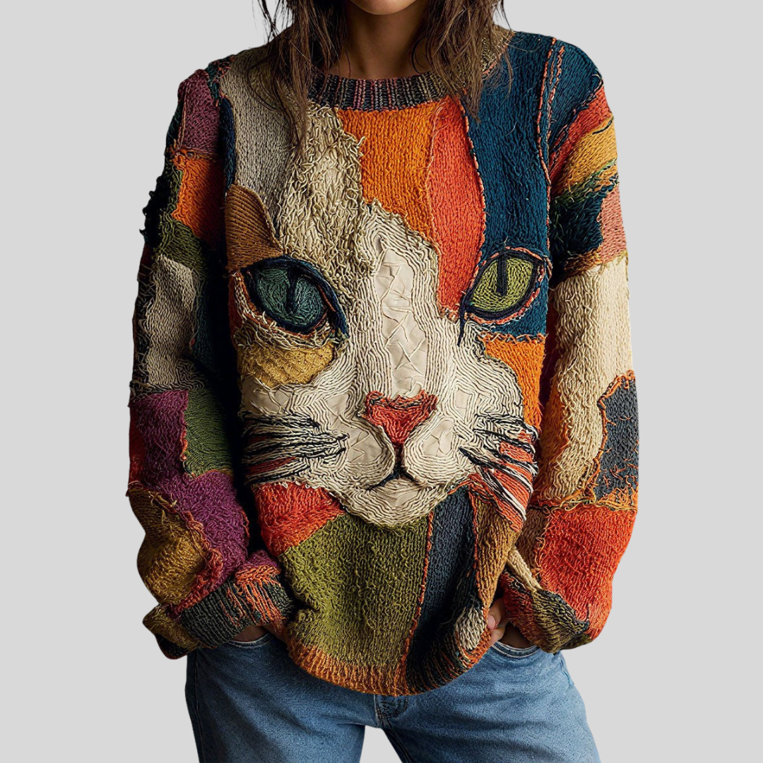 Women's Cat-Face Print Crew-Neck Sweater with Long Sleeves - Marietta - Multicolour