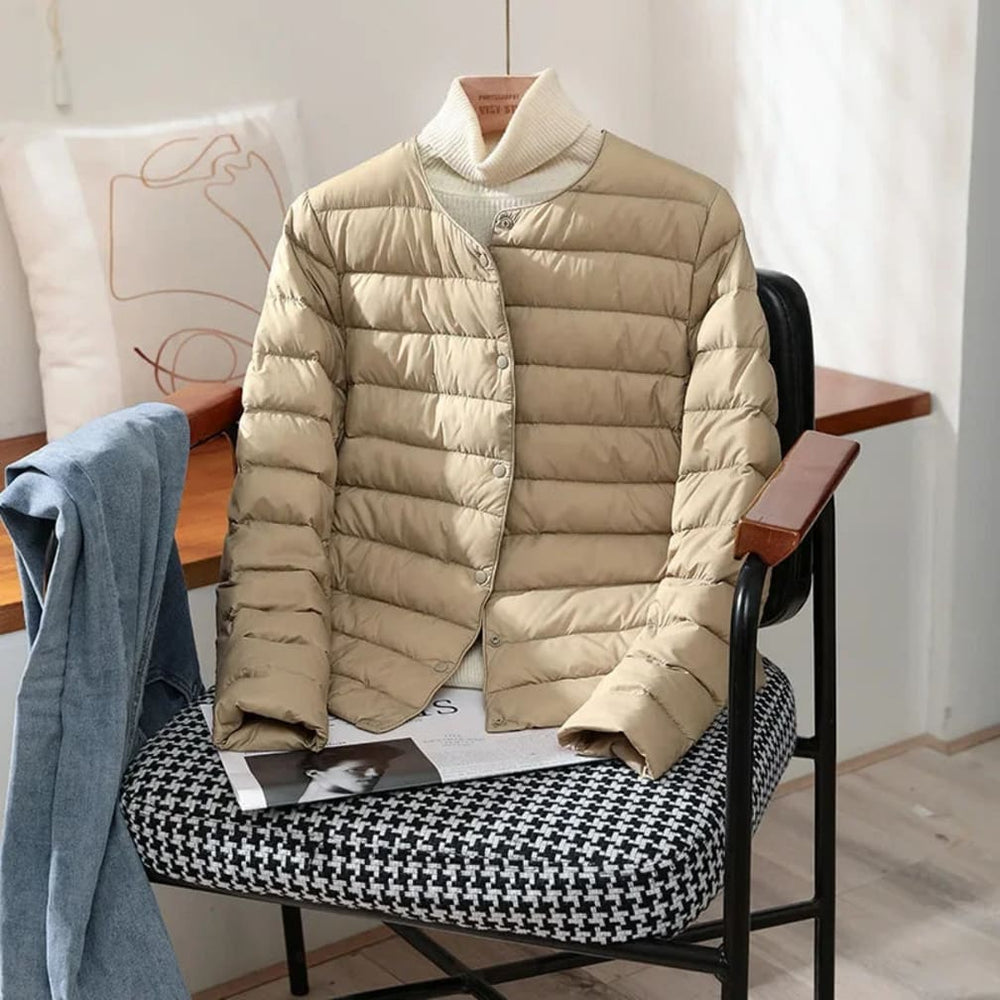 Women's Lightweight Quilted Jacket with Round Neck and Button Front - Lorraine - Khaki
