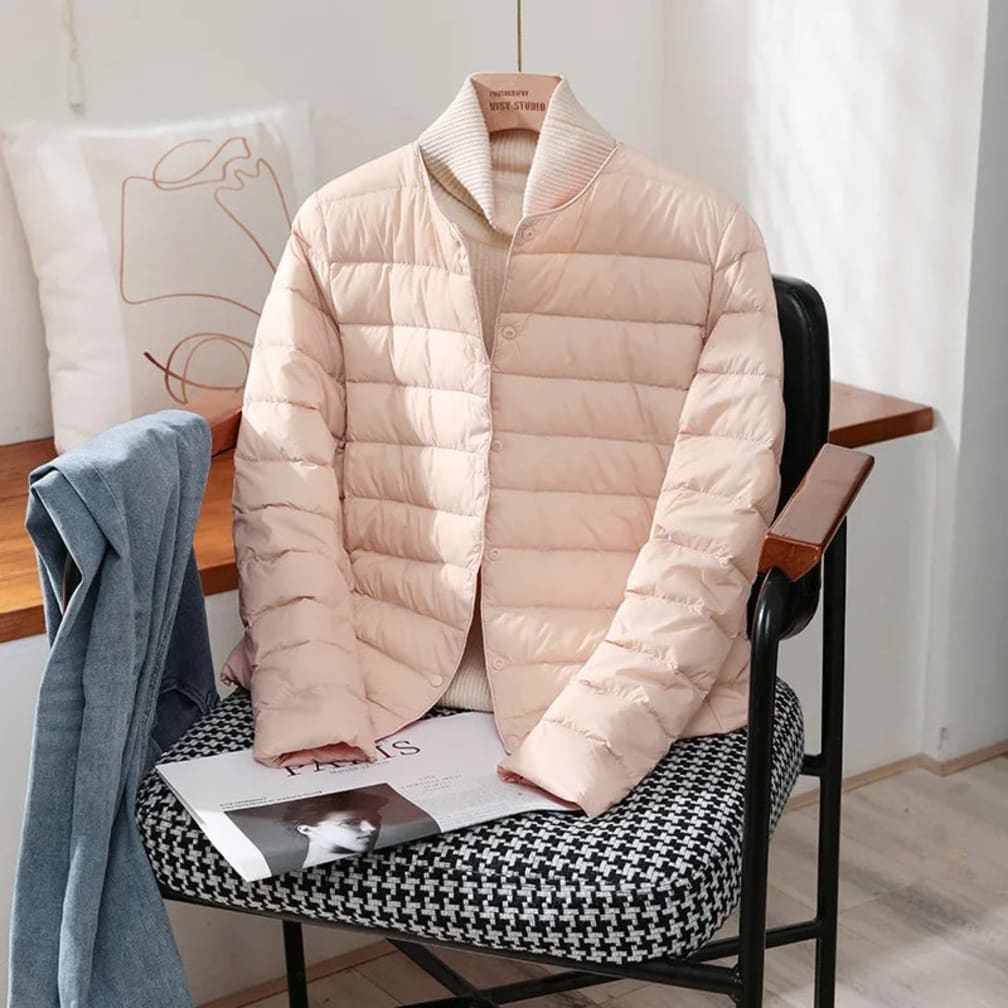 Women's Lightweight Quilted Jacket with Round Neck and Button Front - Lorraine - Blush Pink