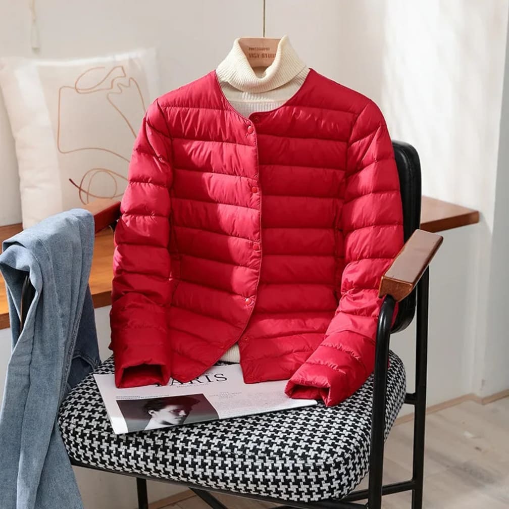 Women's Lightweight Quilted Jacket with Round Neck and Button Front - Lorraine - Red