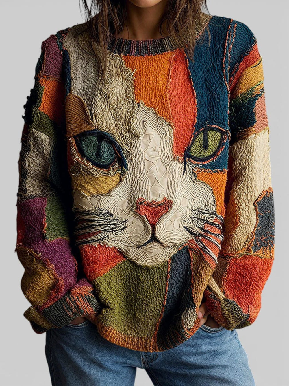 Women's Cat-Face Print Crew-Neck Sweater with Long Sleeves - Marietta - Multicolour