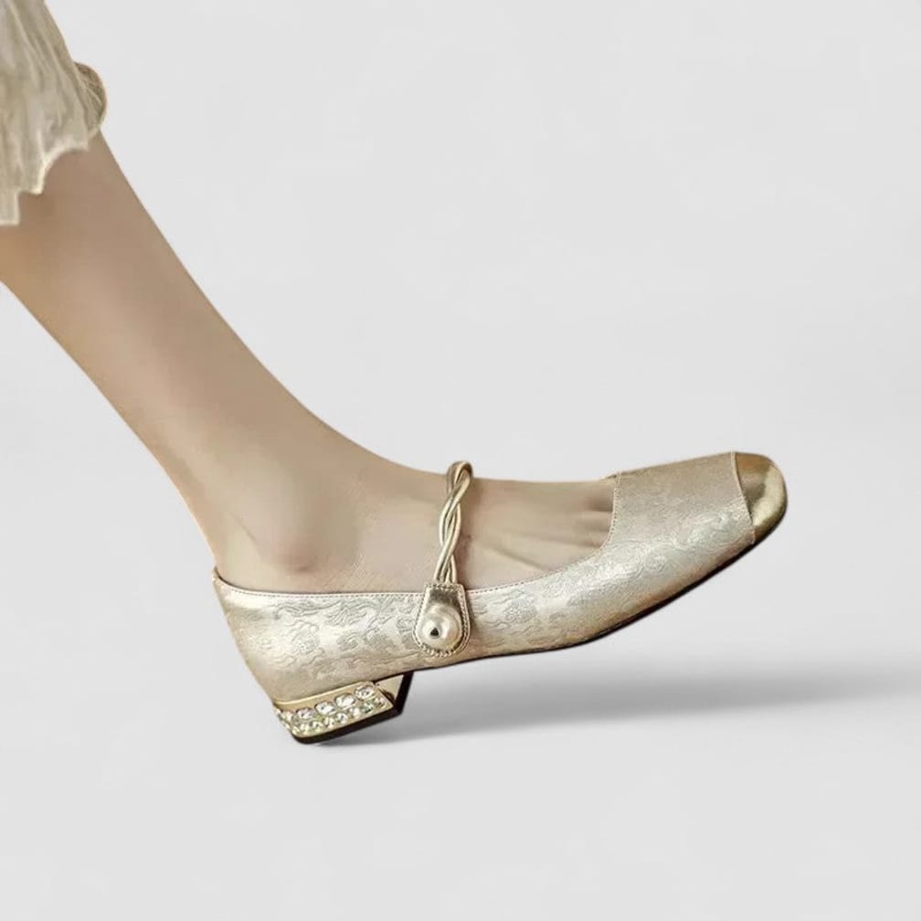 Women's Square-Toe Mary Jane Shoes with Twisted Gold Strap and Jewelled Heel - Ilsa - Olive Green