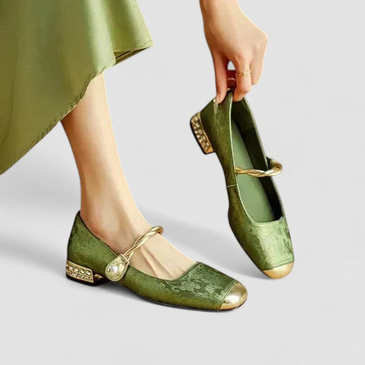 Women's Square-Toe Mary Jane Shoes with Twisted Gold Strap and Jewelled Heel - Ilsa - Olive Green