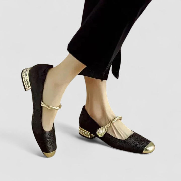 Women's Square-Toe Mary Jane Shoes with Twisted Gold Strap and Jewelled Heel - Ilsa - Black