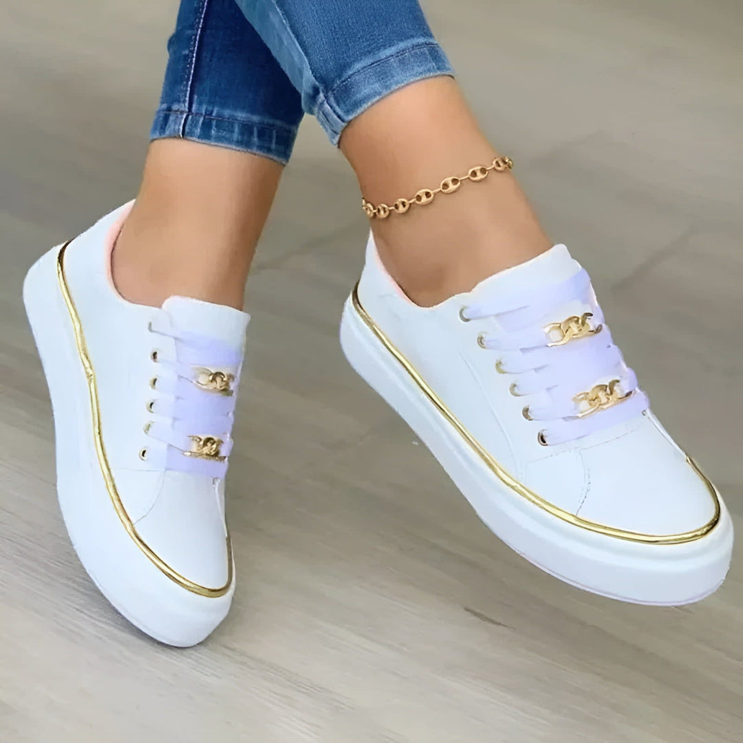 Women's Lace-Up Platform Sneakers with Gold-Tone Chain Accents - Dulcie - White