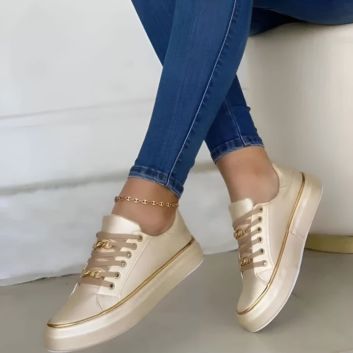 Women's Lace-Up Platform Sneakers with Gold-Tone Chain Accents - Dulcie - Champagne
