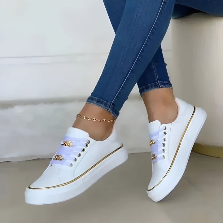 Women's Lace-Up Platform Sneakers with Gold-Tone Chain Accents - Dulcie - White