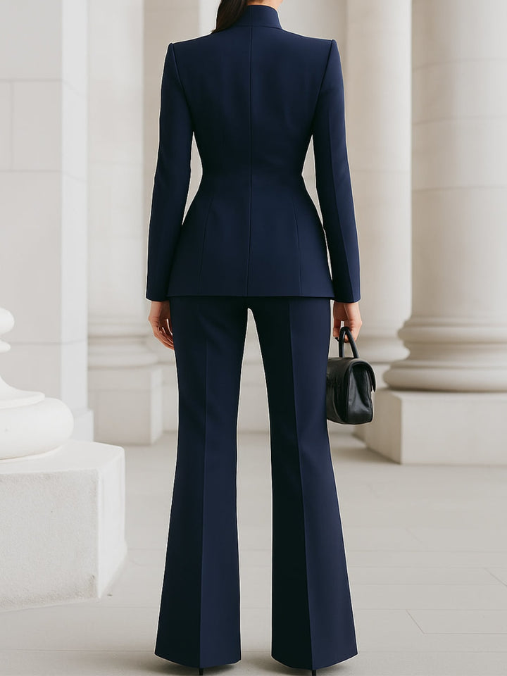 Women's Stand-Collar Blazer and Flared Trousers Set with One-Button Front - Eleanor - Navy