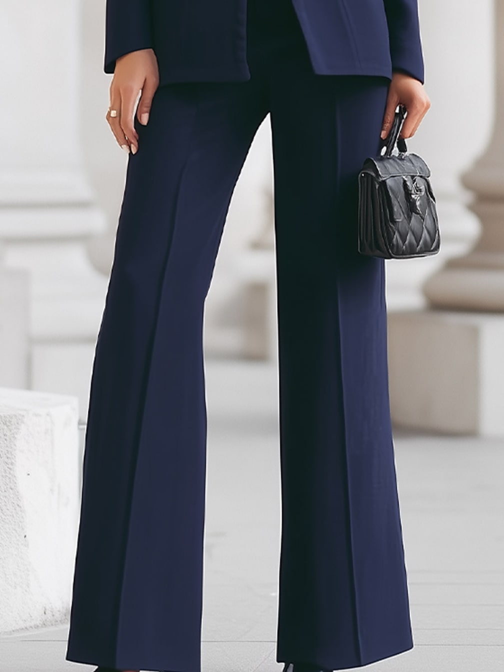 Women's Stand-Collar Blazer and Flared Trousers Set with One-Button Front - Eleanor - Navy