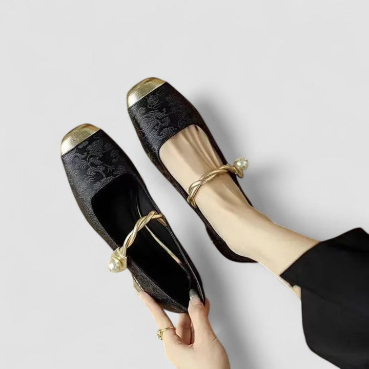 Women's Square-Toe Mary Jane Shoes with Twisted Gold Strap and Jewelled Heel - Ilsa - Olive Green