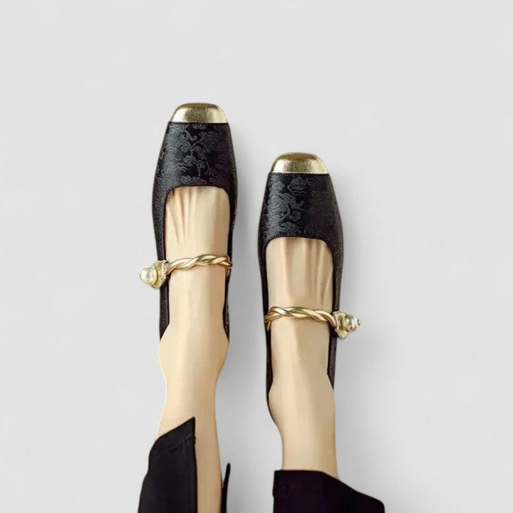 Women's Square-Toe Mary Jane Shoes with Twisted Gold Strap and Jewelled Heel - Ilsa - Olive Green