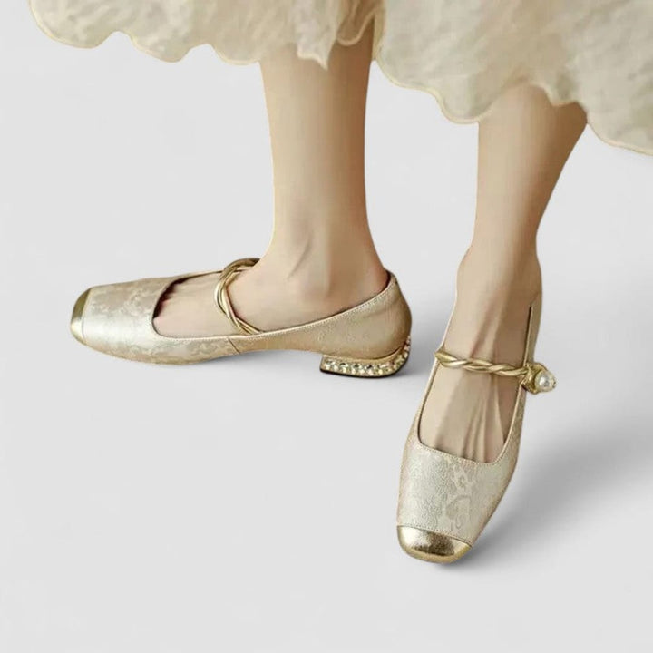 Women's Square-Toe Mary Jane Shoes with Twisted Gold Strap and Jewelled Heel - Ilsa - Olive Green