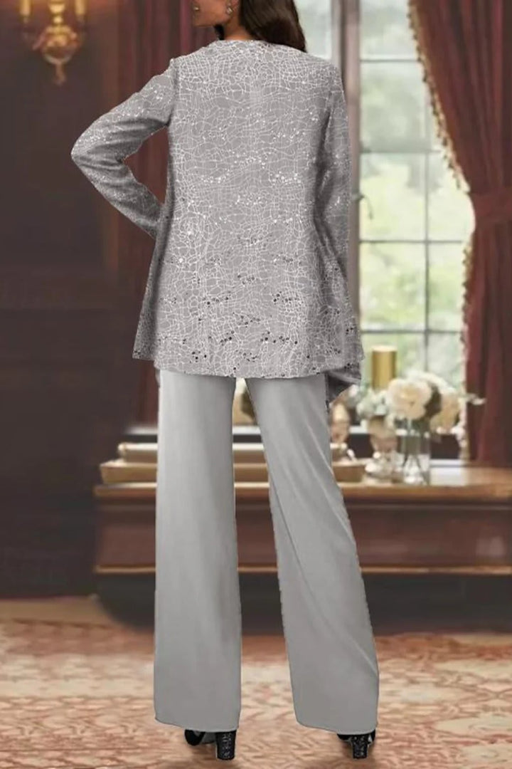Women's Sequin Three-Piece Pants Set with Open-Front Jacket - Eglantine - Silver