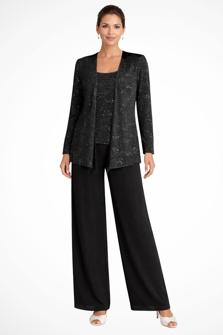 Women's Sequin Three-Piece Pants Set with Open-Front Jacket - Eglantine - Black