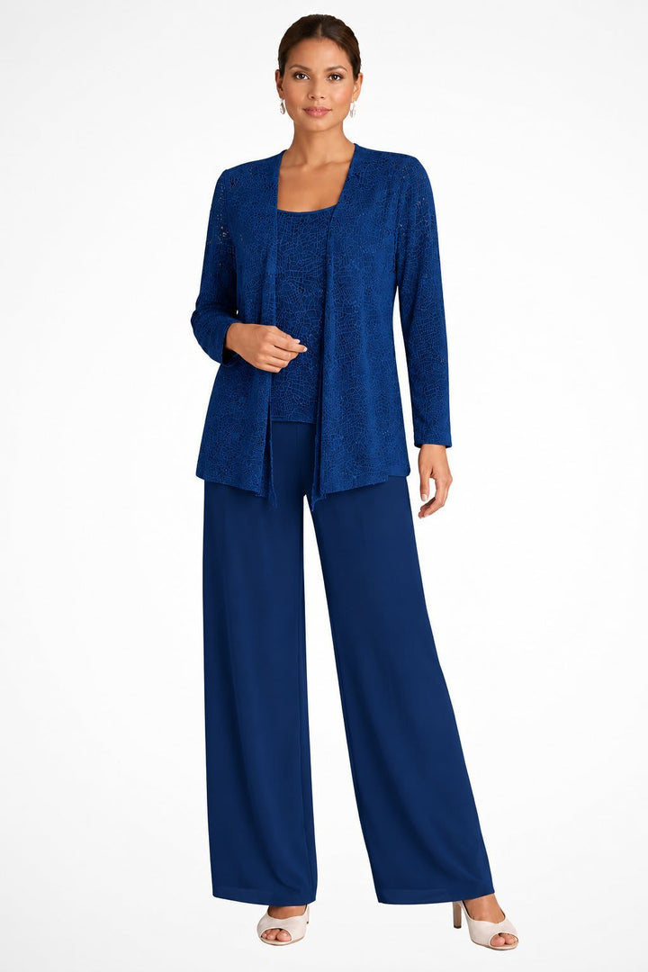 Women's Sequin Three-Piece Pants Set with Open-Front Jacket - Eglantine - Navy