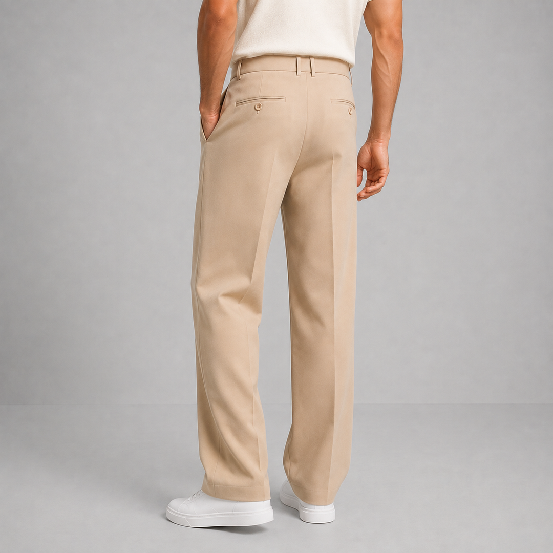 Men's Pleated Wide-Leg Trousers with Button Waistband and Side Pockets - Octavia - Stone