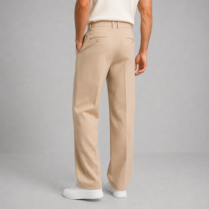 Men's Pleated Wide-Leg Trousers with Button Waistband and Side Pockets - Octavia - Stone