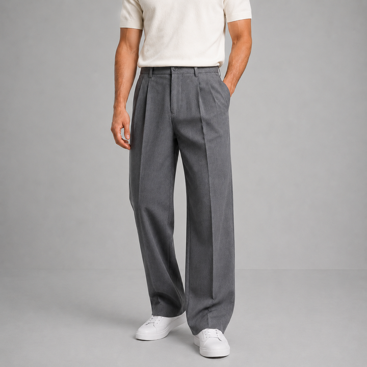 Men's Pleated Wide-Leg Trousers with Button Waistband and Side Pockets - Octavia - Grey