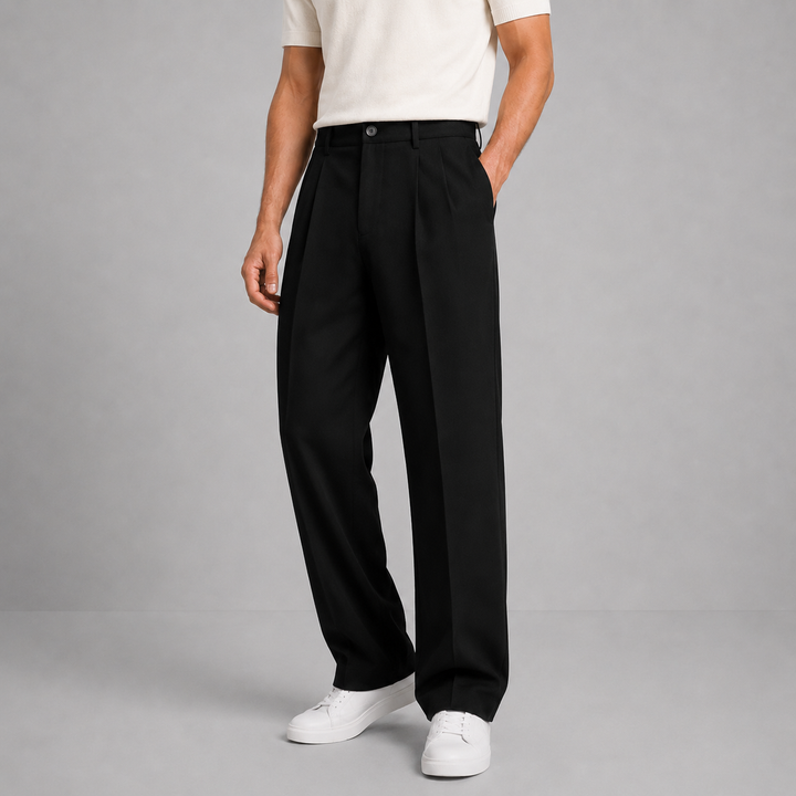 Men's Pleated Wide-Leg Trousers with Button Waistband and Side Pockets - Octavia - Black