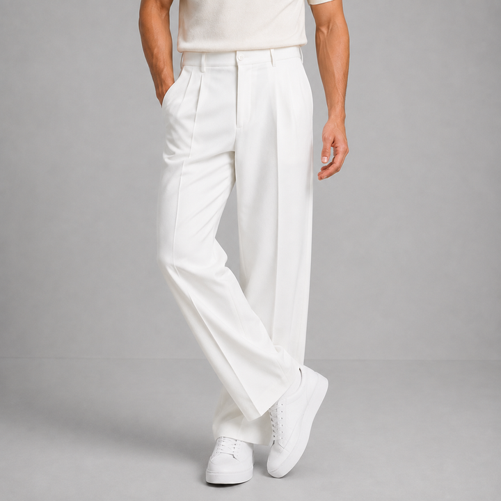 Men's Pleated Wide-Leg Trousers with Button Waistband and Side Pockets - Octavia - White