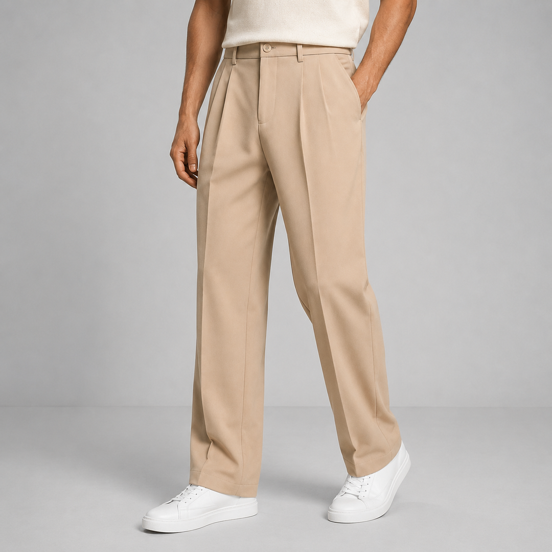 Men's Pleated Wide-Leg Trousers with Button Waistband and Side Pockets - Octavia - Stone
